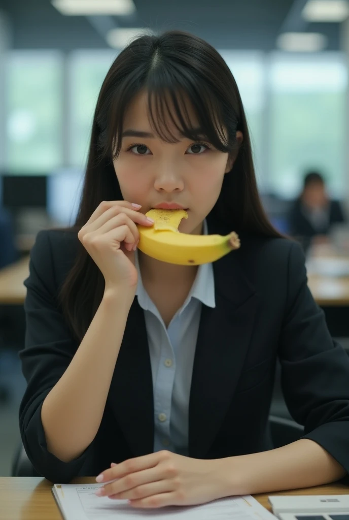 Realistically draw a Japanese woman eating a banana in the office as if it were a photograph