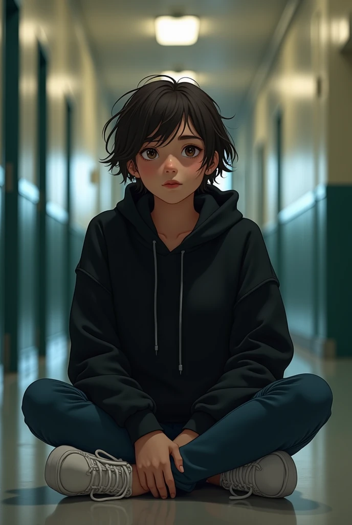  generate a pixar-like poster of a 15-year-old teenager , medium pale , cabello oscuro,  loose black sweatshirt ,  dark jeans with a pierced lower lip ,  disheveled hair,  brown eyes and who is sitting on the floor of the high school corridor all alone