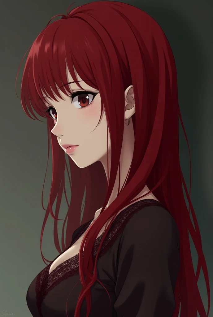  Anime style woman of approximately twenty years old , piel Blanca, almost pale,  cherry red hair with long and smooth black locks , jet black eyes ,  serious expression dressed in a tight dress with sleeves and wine-colored lace looking in profile