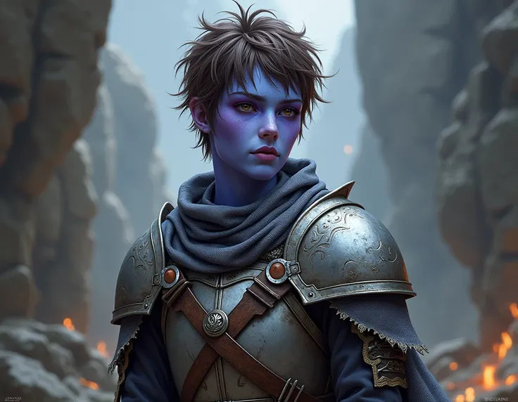  create a character whose skin is between blue and purple, with small, light silver scales on the arms and necks ,  brown eyes, short brown hair, knights clothes 