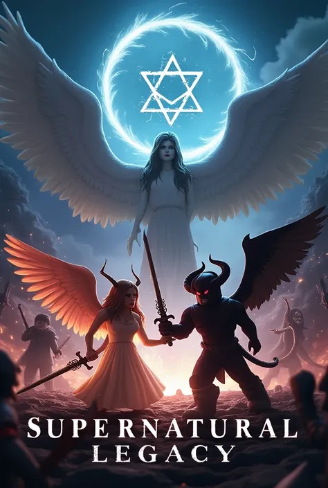 Make me a picture of an angel and demon from the show supernatural in a Roblox type style. Incorporate different things from the show supernatural to make it look cool. Make them holding swords. In the background put demons and angels fighting. Incorporate...