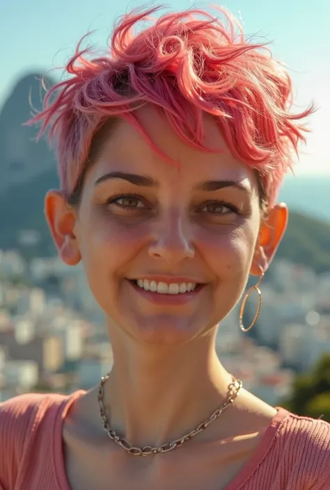 Create a beautiful , white skin, amber eyes, medium curly and colored flamingo-colored Pixie haircut, undercut,  smiling, in Rio de Janeiro, christ the redeemer in the background