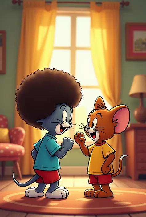 tom and jerry are both in the house with shirts and shorts on with 1970s afro hair in 2d