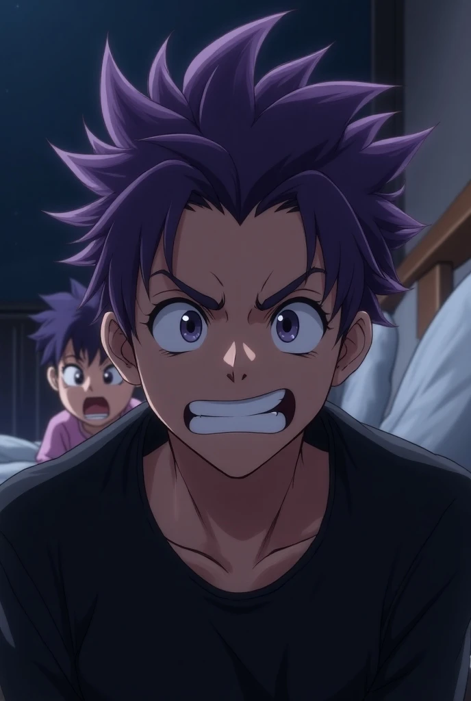 masterpiece,Midnight,Upper Body, Face close-up,30-year-old male,1 boy、grin,Purple Hair、Black Shirt,,From below,Angle from below,Excited,A tense look,Background Night,bed, anime