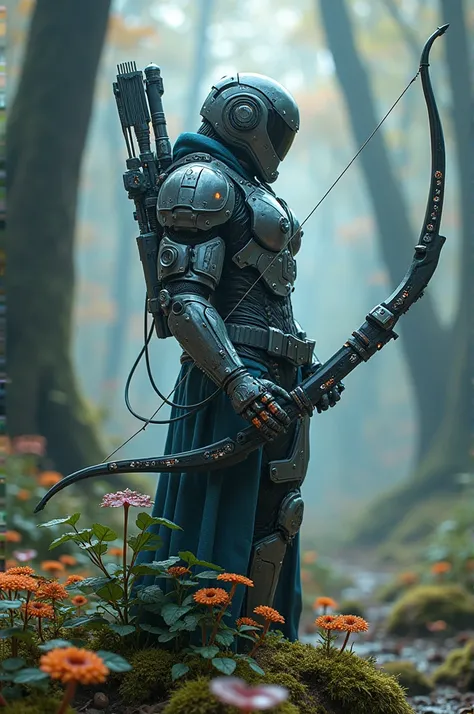  futuristic cybernetic armed archer full body style double exposure, combined with magical forest , very detailed, 8k, photo realism