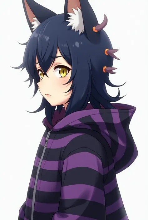 young human ,tall and a little strong,Pointy animal ear with scales on the head, Dark blue hair,purple and black striped coat ,yellow eyes,anime,profile