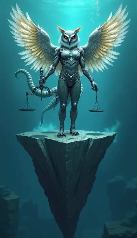 Libra, an anthropomorphic owl, presides from the Equilibrium Vault, a submerged fortress balancing between two tectonic plates. Her shimmering wings, enhanced with nanotech, generate force fields that protect her domain from seismic activity and enemy atta...