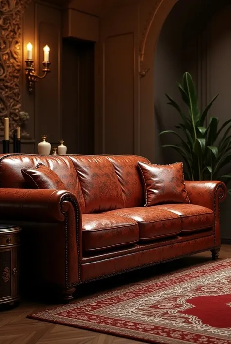 A luxurious leather sofa with an Islamic pattern on the other