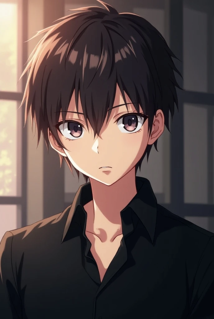 Anime comic panel of a boy who is a rude adult,With eyes lila ,short dark brown hair ,piel Blanca,with an elegant black shirt,It is very beautiful,He has a serious expression.