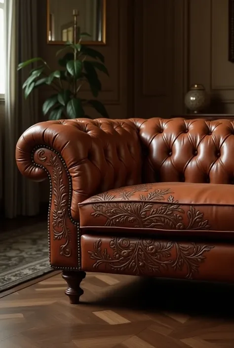 A luxurious leather sofa with an engraving on the other 