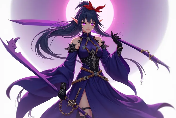   masterpiece  ,best quality,height,ultra-detailed,Yuki (star),Pointed ears,Long hair,Ahogge,red headband, Leonard ,Purple Open Shoulder Armor, Purple Sleeve ,Split arm,Purple gloves,  Classic Purple Longsword ,belt,Long skirt,(Purple Skirt :1.2),Boots,sta...