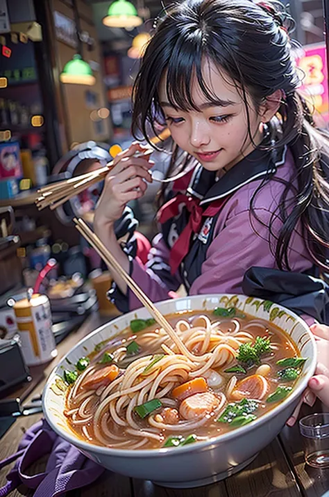 (masterpiece), best quality, ultra high res, close up, slim body, 1girl,school uniform, long hair, laughing, ramen, night, Tokyo restaurant background, colorful lights, photon mapping, radiosity, physically-based rendering, cinematic lighting, intricate, H...