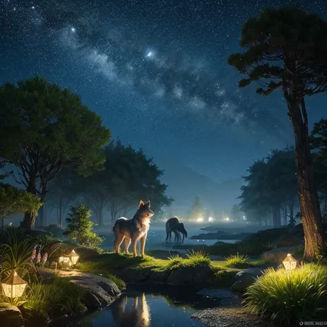 A big wolf has foggy fur 、 draw a scene where they are under a starry sky with a small glowing fairy。 incorporate reflective water surfaces and shining plants in the foreground and 、 to create a mystical atmosphere 。
