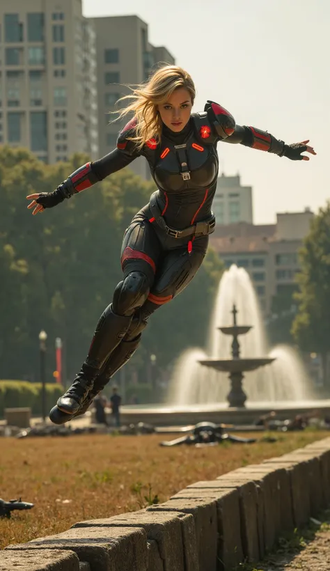 Beautiful Sony α7R IV, 1/320s, f/2.8, ISO 400, .Cinematic hyperrealism: "Female combatant in particle-shield armor performing acrobatic flip over barricade, golden hair catching sunlight. City park turned battlefield, fallen drones, scorched trees, fountai...