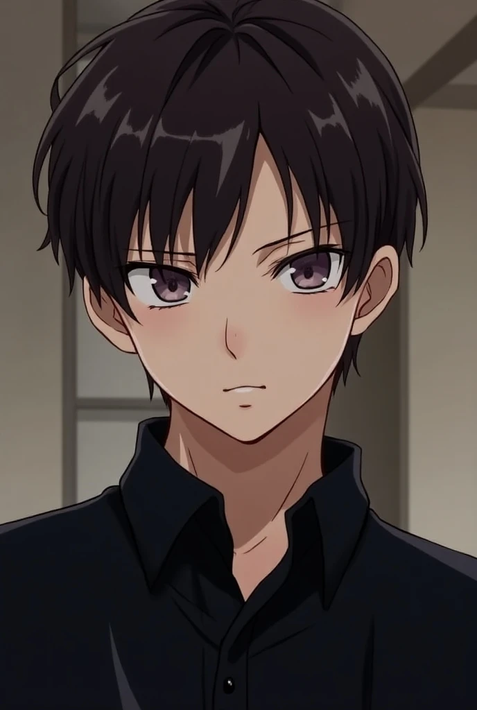 Anime comic panel of a boy who is a rude adult,With eyes lila ,short dark brown hair ,piel Blanca,with an elegant black shirt,It is very beautiful,He has a serious expression.