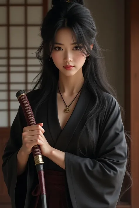 Beauty female samurai, she has long black hair, wearing kimono, armed with a katana, dojo room, detailed body shape, perfect beauty Korean face oval head, holding katana, full body, japanese background artwork, masterpiece, whole body in picture, with kata...