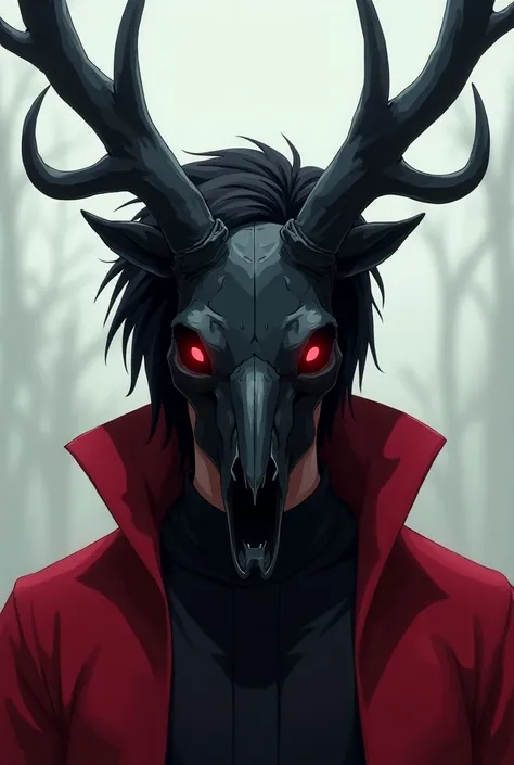  Anime cartoon of A man with black hair , Dark skin,  featuring the skull of a black deer with red eyes on his face that hides his hair, with black deer horns , dressed in the crimson outfit of a priest 