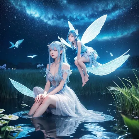  fairies with blue glowing hair and wings 、 Create an image of them sitting next to a majestic wolf with white and gray hair。The starry sky spreads in the background、 reflect on the quiet surface of the water 。There are glowing flowers and grass in the for...