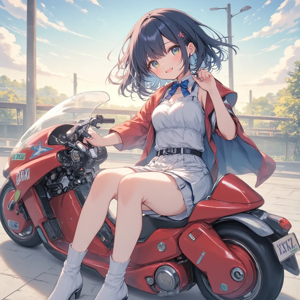 1girl,(serafuku:1.2),Sitting,Lean back,Put your foot forward,Thick eyebrows,Droopy eyes,Round face,Big round eyes,Braiding,Short pigtails,,Blunt bangs,aqua Hair,Blue eyes,Very short stature,Very thin limbs,Large scooter,Very low seat,Low vehicle height,One step ahead,Akira Bike,high resolution,masterpiece,high quality, 
(Photorealsitic:1.4),Raw photo,((super realistic details)),portlate,Shadow,octanrender,8K,ultrasharp,Akira Bike Red,cycling,natta,Cyberpunk City View,Spectacular screen