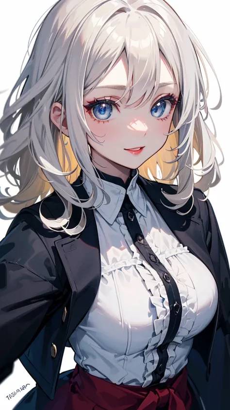 white hair:1000.0、Gray Hair:1000.0、 Blue Jacket 、Monochrome、Black Gothic:10.0、dark red lips:10.0、heavy makeup:10.0、Close-up of face、Curly Hair:1000.0、Long Hair、Obese:100.0、(((white hair:1000.0、black jacket:1000.0、 cowboy shot:1000.0、smile、Hanging eyes、Gray...