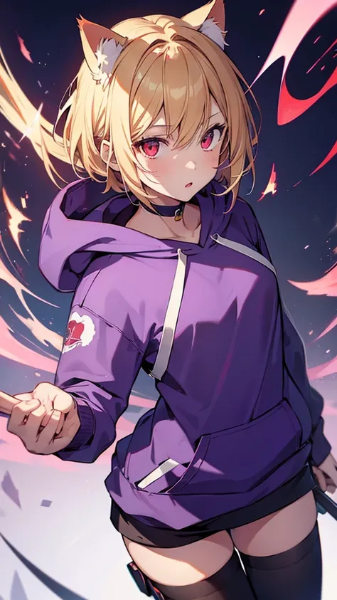  1 girl,  shortcut , Blonde, Red eyes, Cat ears, Best Quality, Character portrait,  illustration style, Purple hoodie, high resolution on down,  open your mouth ,  simple background,  character design drawing,  Short Hair