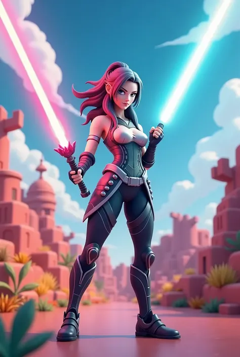 Make a beautiful female warrior holding a light saber in roblox style