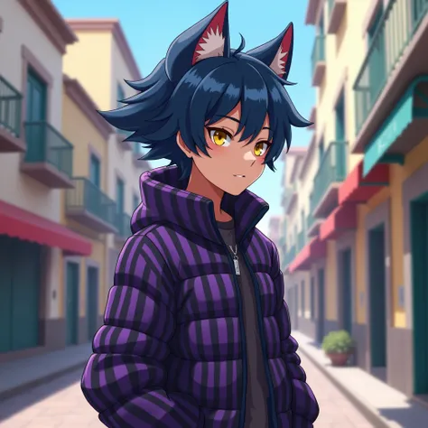 young human ,tall and a little strong,Pointy animal ear with scales on the head, Dark blue hair,purple and black striped coat ,yellow eyes,anime,profile,Scenario Praça