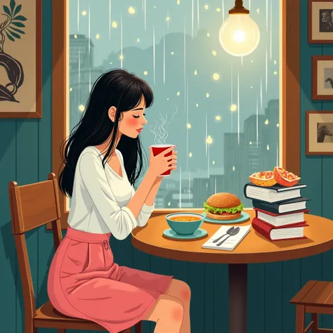 She sits  at a cozy cafe table, sipping miso soup and nibbling a shared egg salad sandwich. Outside the window, rain patters softly against the glass. She wears a pink skirt and white blouse, her long dark hair loose around her shoulders. Stacks of newly p...