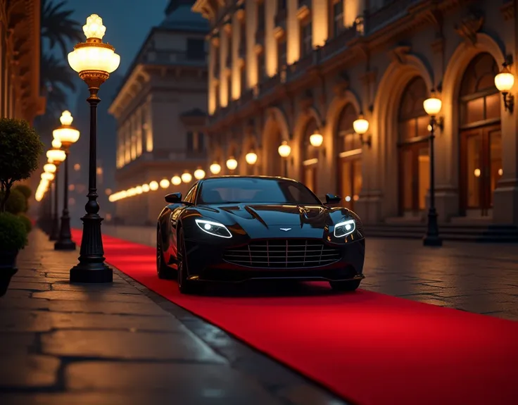 Car stopping on the street next to the sidewalk of a red carpet event ... No people on the carpet at night