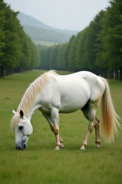 A white horse in a beautiful landscape eating grass surrounded by many trees 