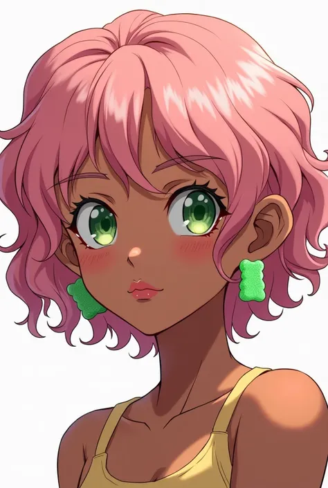 Jujutsu Kaisen screencap anime style of a girl with short 2 inch hair short wavy curly haircuts pink hair wavy hair green eyes dark brown skin full lips plump round cheeks with green gummy bear earrings