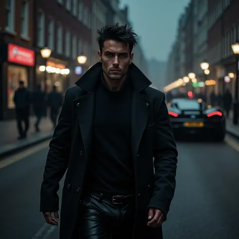  28-year-old male,  with black hair , I bet, muscular, Serious, sexy and masculine ,  gray eyes with thick eyelashes ,  wearing a black sweatshirt and leather gown while walking with attitude through the streets of London under the night,  and behind him h...