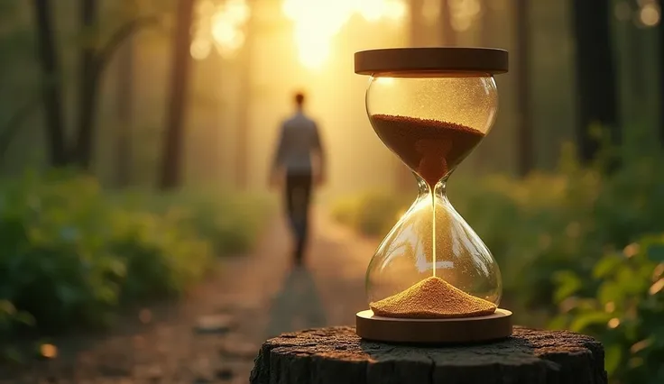 An hourglass placed in a serene natural setting, like a forest at sunrise. The sand inside the hourglass is glowing with a soft, golden light, and a few grains are suspended in mid-air, emphasizing the precious and fleeting nature of time. In the backgroun...