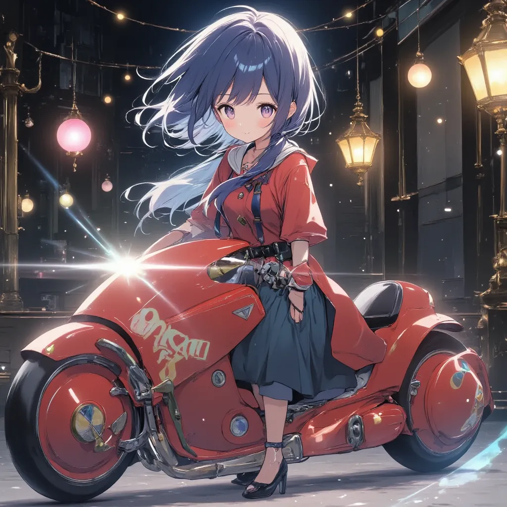 1girl,(bikesuit),Sitting,Akira Bike,Lean back,Put your foot forward,Thick eyebrows,Droopy eyes,Round face,Big round eyes,Braiding,Short pigtails,,Blunt bangs,aqua Hair,Blue eyes,Very short stature,Very thin limbs,Large scooter,Very low seat,Low vehicle height,One step ahead,Akira Bike,high resolution,masterpiece,high quality, 
(Photorealsitic:1.4),Raw photo,((super realistic details)),portlate,Shadow,octanrender,8K,ultrasharp,Akira Bike Red,cycling,natta,Cyberpunk City View,Spectacular screen