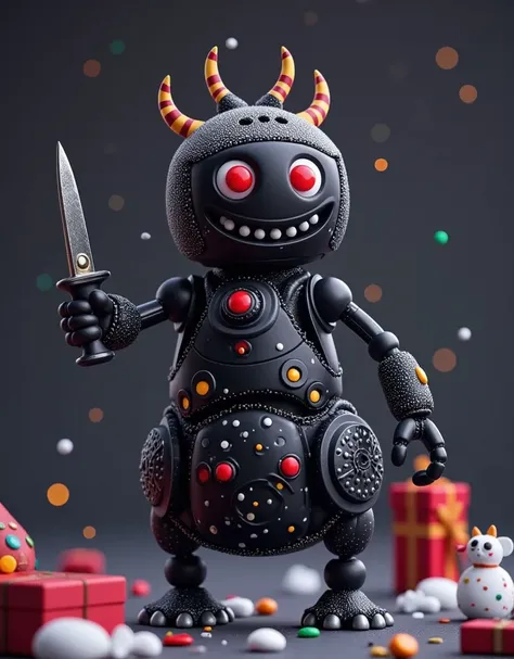  old close-up film footage ，Perfect composition，Science fiction movies， Christmas， virtual engine 5 black mechanical Christmas snowman shot all over， The body is made of precise mechanical parts ，Eyes are red， holding a cyberpunk-style assassin knife in ha...