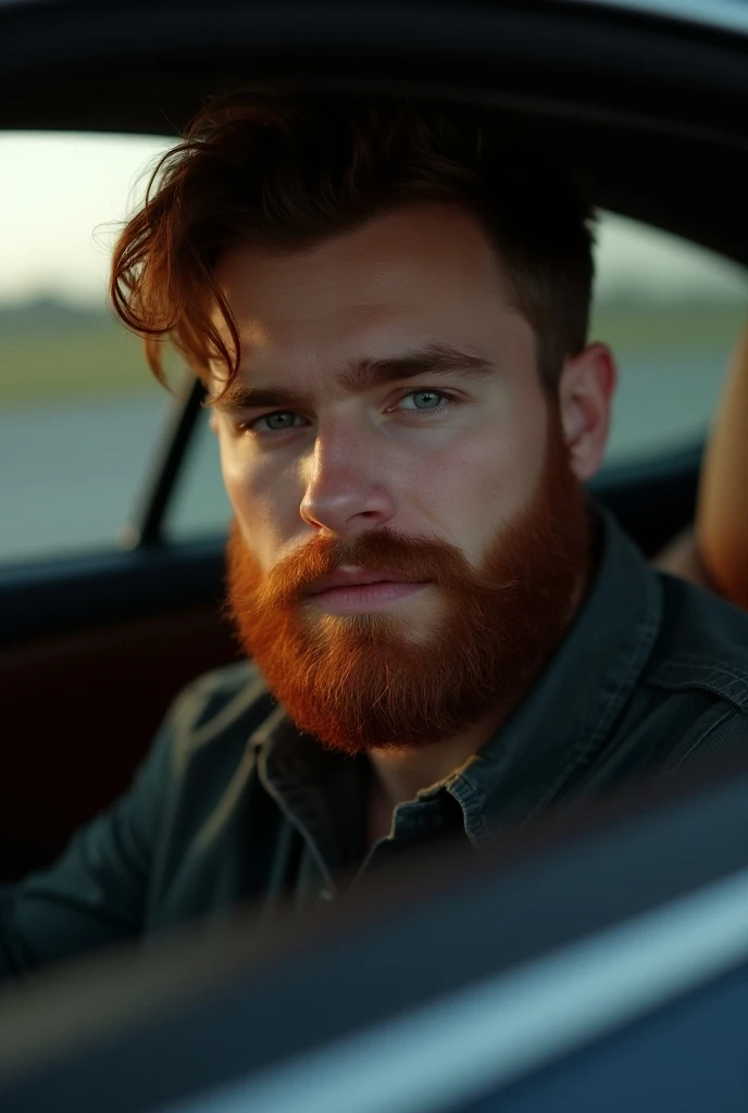 male, 23 years old,  Red Beard , Brown Hair,  small eyes , Slightly big lips sitting in a car seat ,  sitting in the car seat,