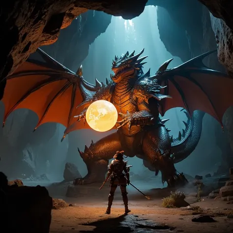 In an ancient cave, 、 Please draw a scene where a person wearing armor confronts a giant dragon。 dragon wings spread out 、 showing their grandeur 。 The characters hold up a cane with a glowing sphere 、 lighting emphasizes the texture and three-dimensional ...