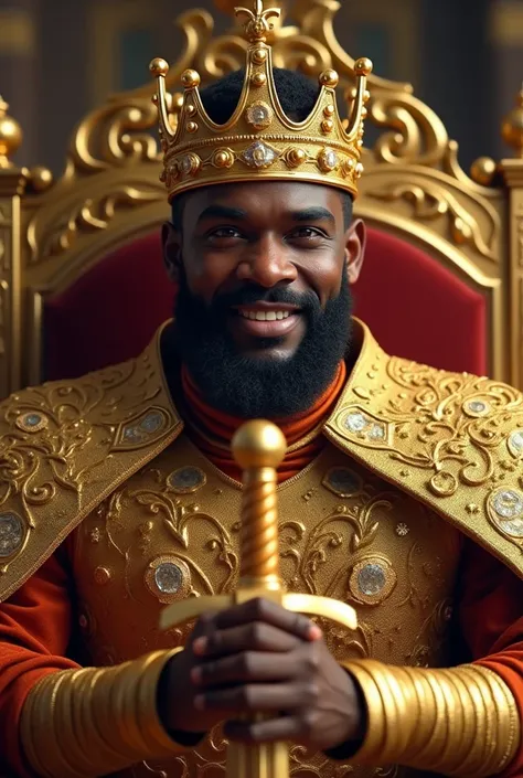 Mature man dark-skinned brown ,  short black hair brushed backwards, big brown eyes, bushy eyebrows, big nose, thin lips, noble smile , split chin ,  wearing a kings robe ,  sitting on a golden throne ,  wears a large, golden kings crown,  holding a golden...