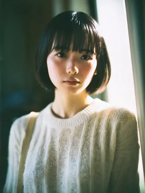 Japanese women, white sweater、Sweaty shiny skin、Young Face, Bob Cut Hair, morning, window, Incomplete details, Shooting with Leica, analog, 35mm:: (Artistic light leakage:1.4), Lens flare::4 - Style Row - AR 2:3 --s 150 --c 4