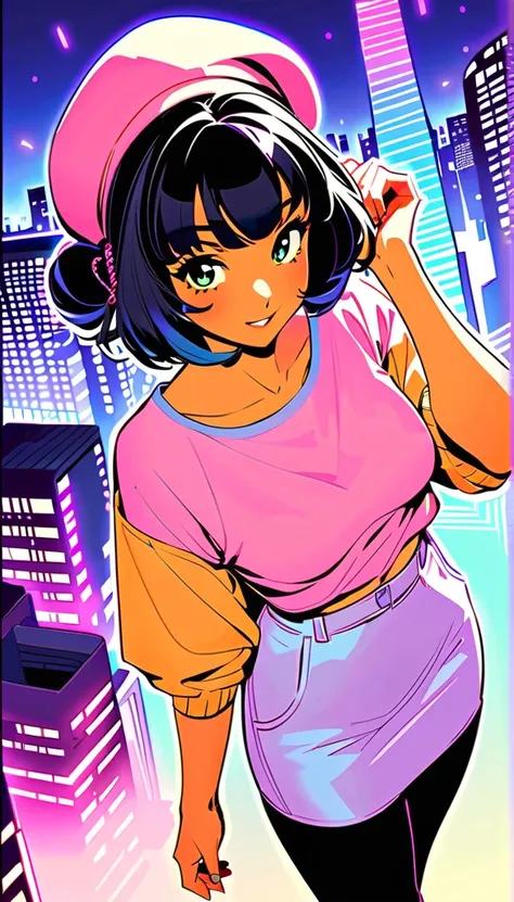 (  best quality :1.2,     city pop style drawn slightly diagonally from above ,     very detailed , up to date, Vibrant,     high contrast  , masterpiece:1.2,   best quality , Best aesthetics),  girl, ((   Front shot  :1.4)),  Black Hair , short bob ponyta...