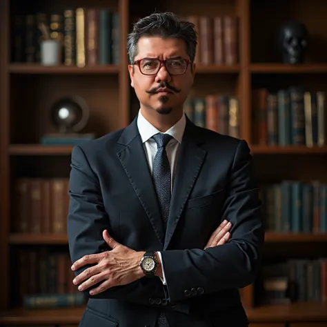 An elegant and imposing man, 45 years old, Brazilian, with a handlebar mustache, red-framed glasses, is standing in front of the camera. He wears a well-cut, haute couture suit., with meticulous attention to detail. Your hair is perfectly done, displaying ...