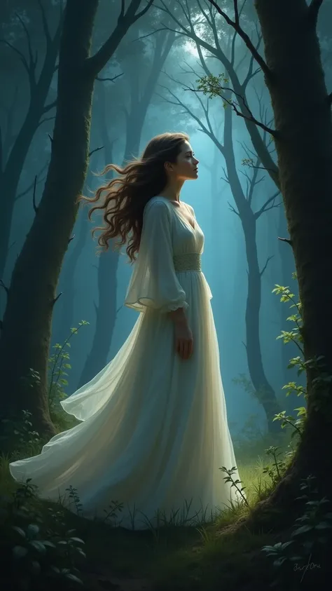 A young woman stands alone in a darkened forest, her flowing gown whispering secrets of the night. As the wind brushes through her hair, she discovers a hidden power that connects her to the elements. Write a story about her journey to understand this gift...