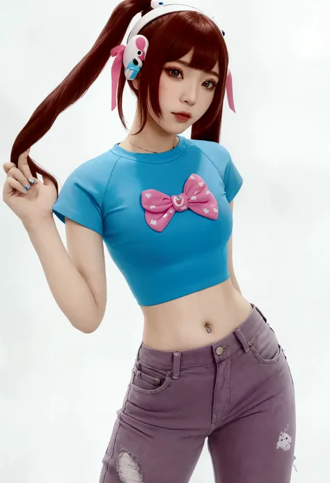 Un primer plano de una mujer con una cola de caballo y una camisa azul., Belle Delphine, y 2 k cutecore clowncore, camisa kawaii y jeans, Tendencias en cgstation, young beautiful amoranto, amoranto, cabello rosa de dos colas y ojos cyan, Tendencia en cgsta...