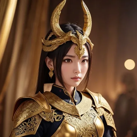  Draw a figure wearing armor with intricate ornaments and gold accents。 There is a mythical serpent-like creature in the background 。Please keep the persons face out of sight 。
