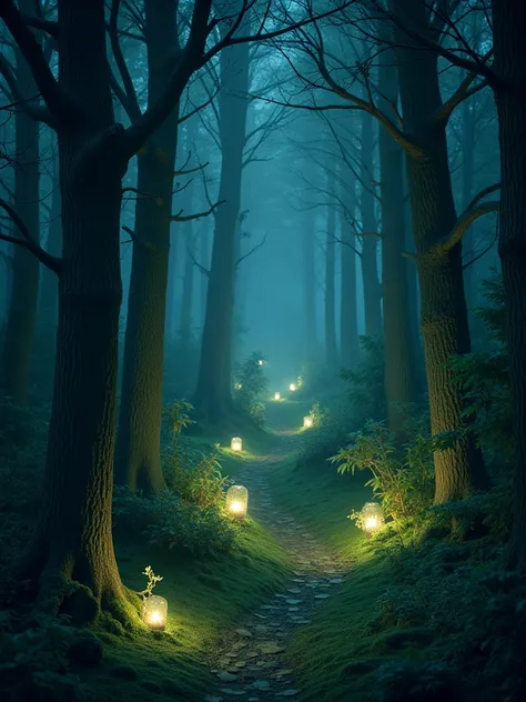 Create a fairy tale night forest scene (IMG_8341.CR2) with (soft, dim lighting) that generates a mystical atmosphere in the dark forest. Include gentle glows on trees and mossy ground, and establish a whimsical ambiance using cool blue and soft green hues....