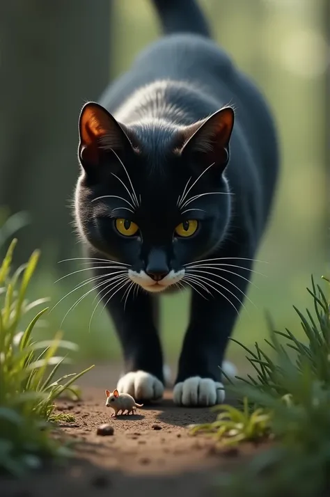 Realistic white-breasted black cat with a little mouse 
