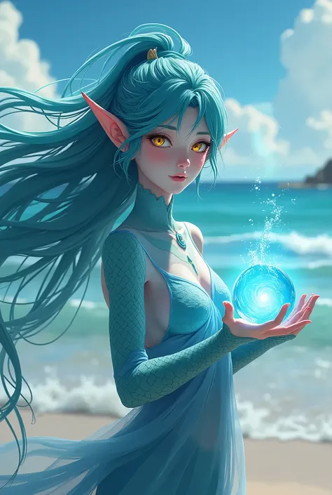 The image features a female elf character with aquatic features. The character has vibrant blue skin with scales, pointy ears, and bright yellow eyes. Her hair is a striking shade of turquoise, styled in the wind. They are wearing a loose off-white shirt w...