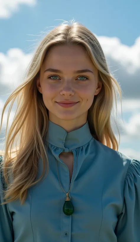 Vertical、1080×1920、 HD、 long, soft blond hair fluttering in the wind and 、 A young woman with big, expressive blue eyes 、 beautiful and elaborate live action image 。Her expression is、 as if experiencing bittersweet memories 、 smiling lightly 、 tilting her ...