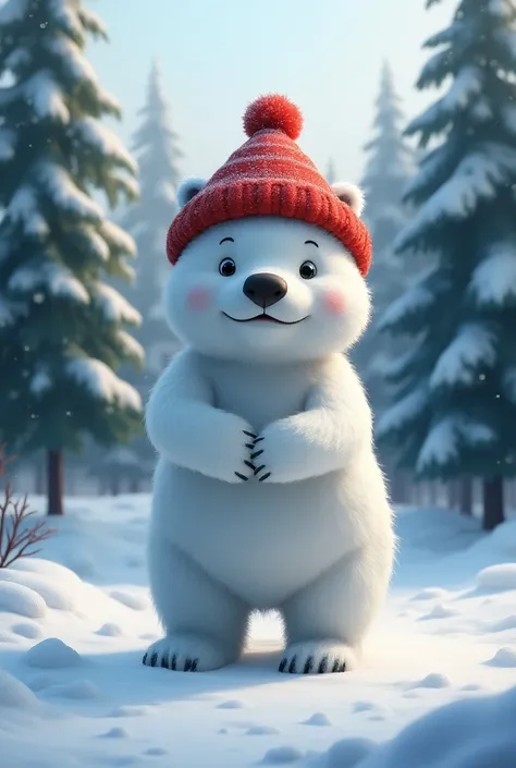 A white snow bear with a red hat in a park