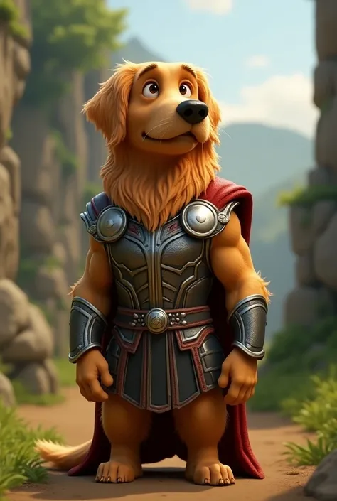 Create a Disney Pixar-style character of an adult male golden retriever using Marvels medieval Thor armor